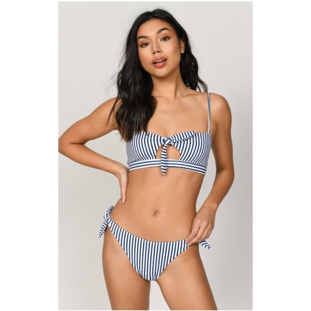 Tobi Womens Days‎ With You Stripe Bikini bottom White and Navy SM Swim Beach